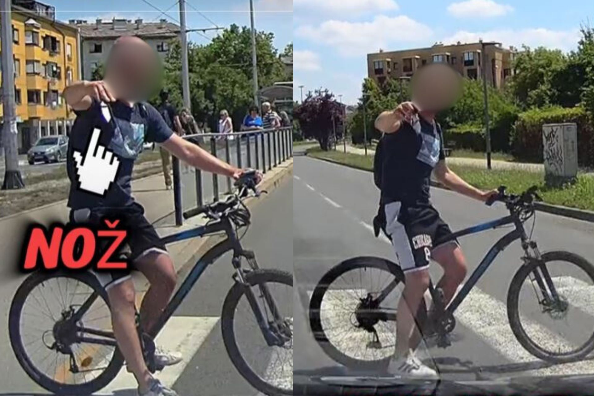 čovjek na biciklu ispred autoškole s nožem u ruci, lice mu je zablurano