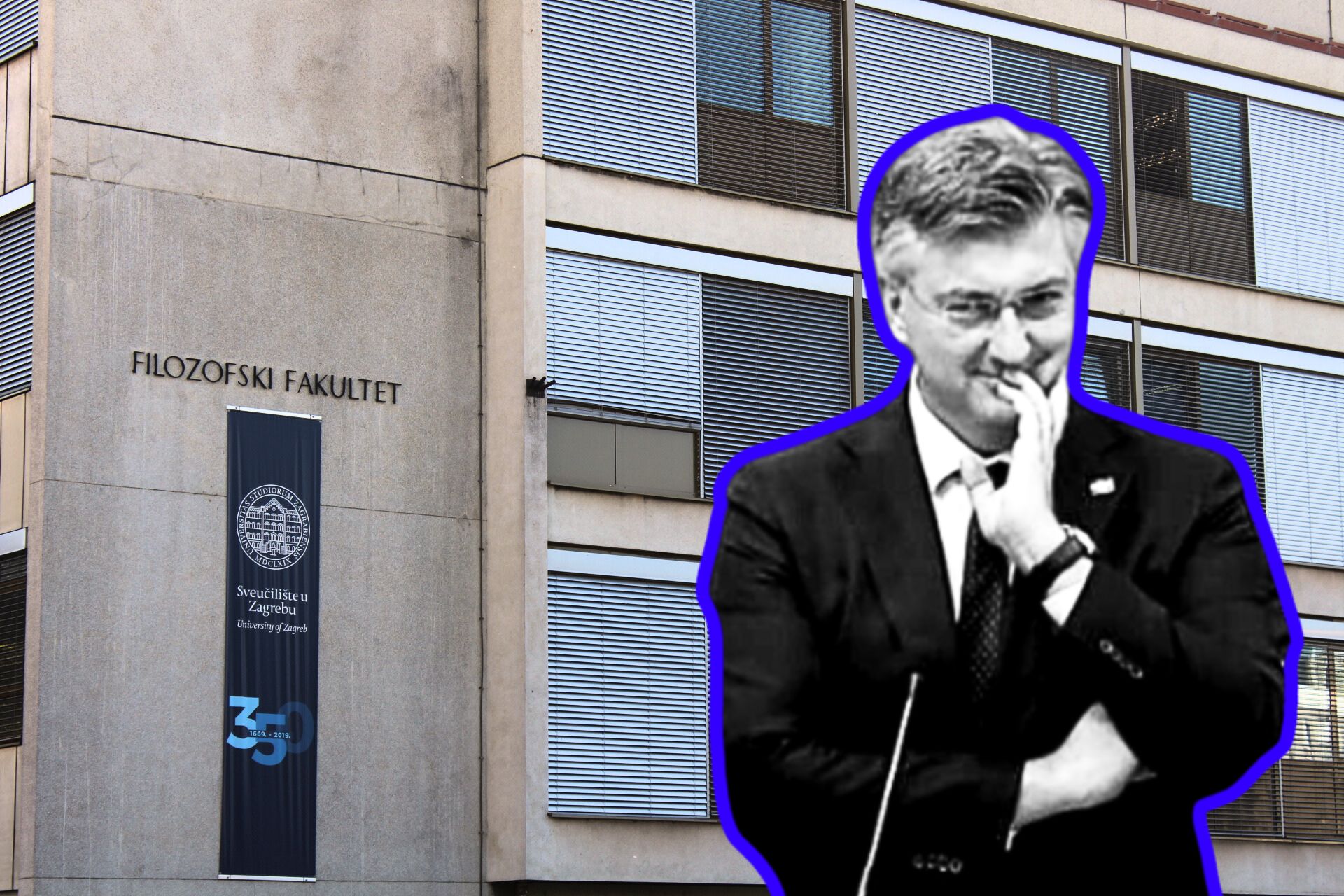plenković kako se smije naprijed crno bijelo, iza zgrada na kojoj piše filozofski fakultet